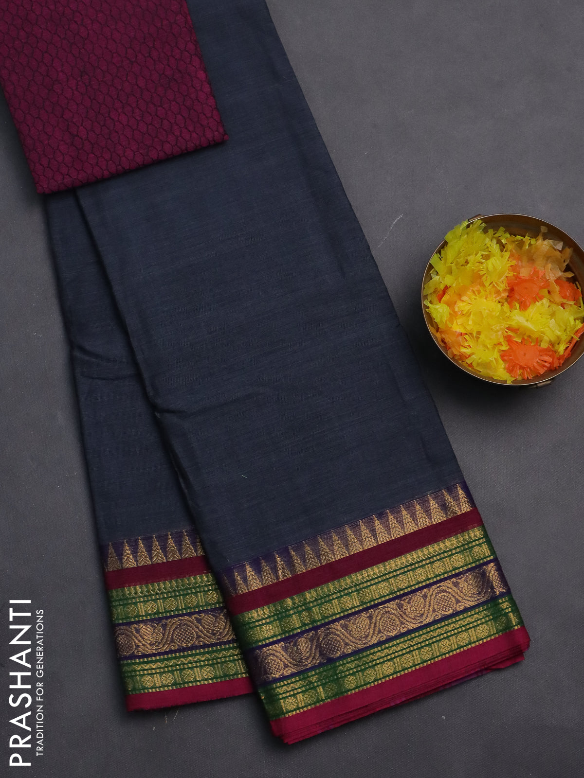 Chettinad cotton saree grey and pink with thread woven buttas and zari woven border