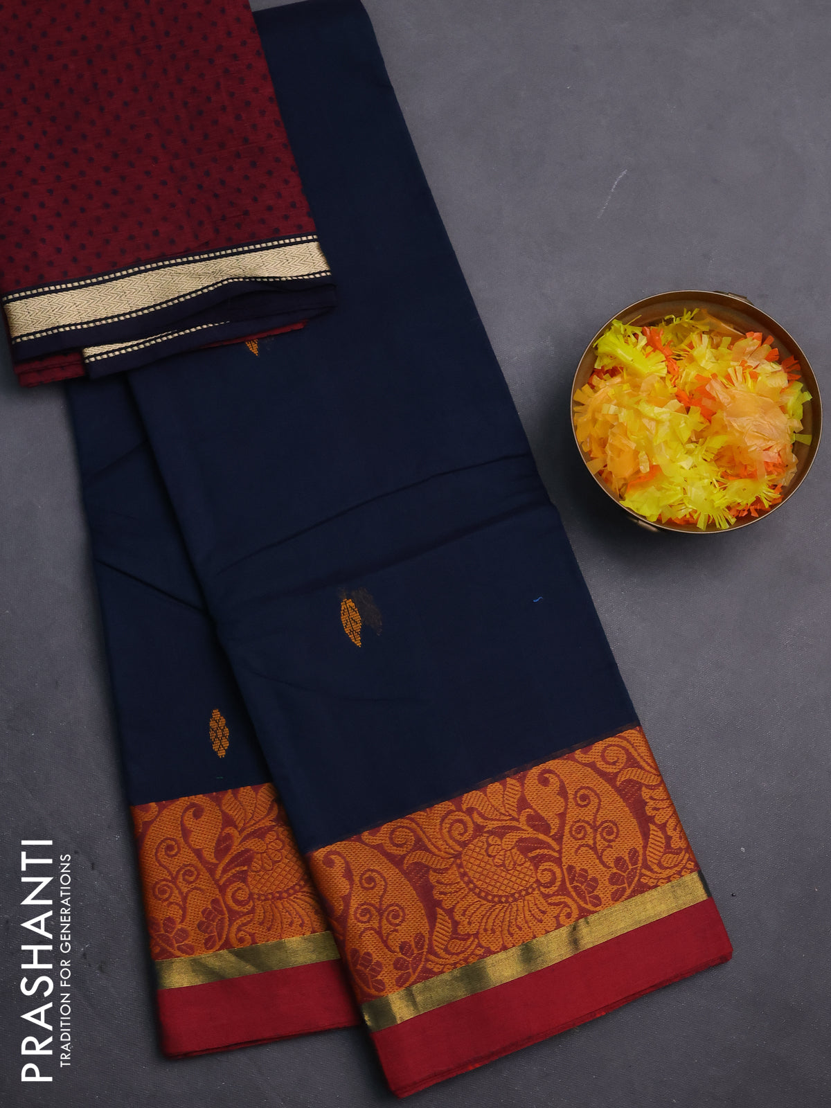 Chettinad cotton saree dark peacock blue and maroon with thread woven buttas and thread & zari woven border