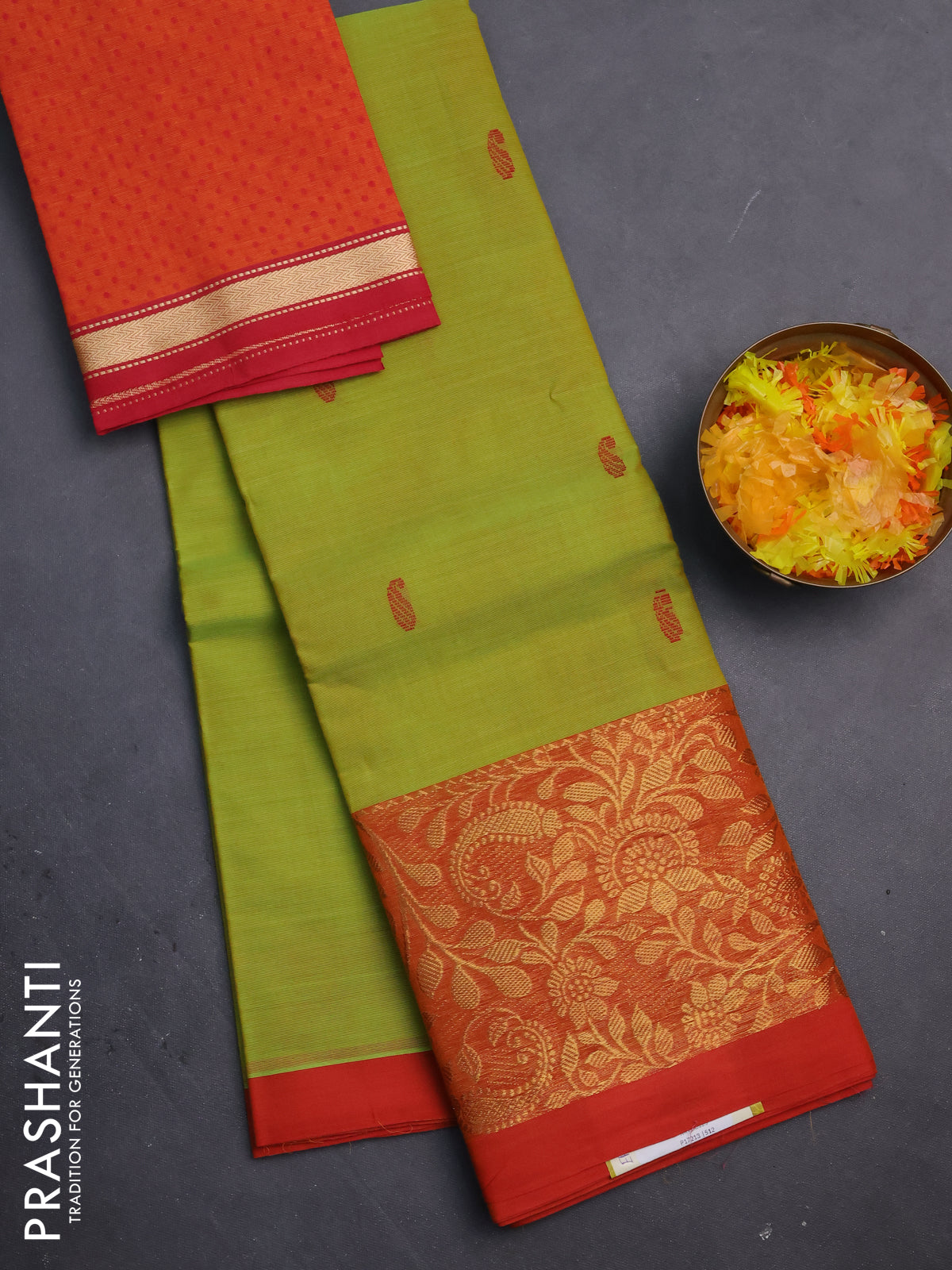 Chettinad cotton saree lime green and red with thread woven buttas and zari woven border