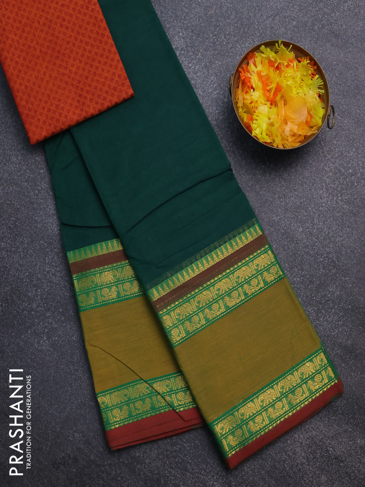 Chettinad cotton saree green and mustard with thread woven buttas and rattapet zari woven border