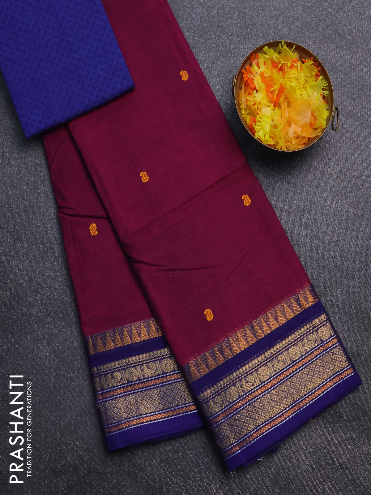 Chettinad cotton saree wine shade and dark voilet with thread woven buttas and temple disign zari woven border