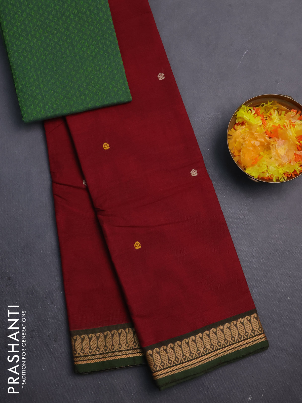 Chettinad cotton saree maroon and green with thread woven buttas and thread woven border