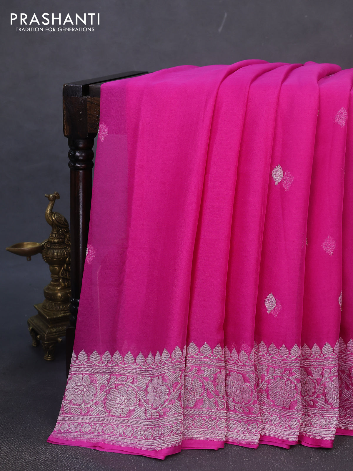 Banarasi chiffon silk saree pink with silver zari woven buttas and silver zari woven border