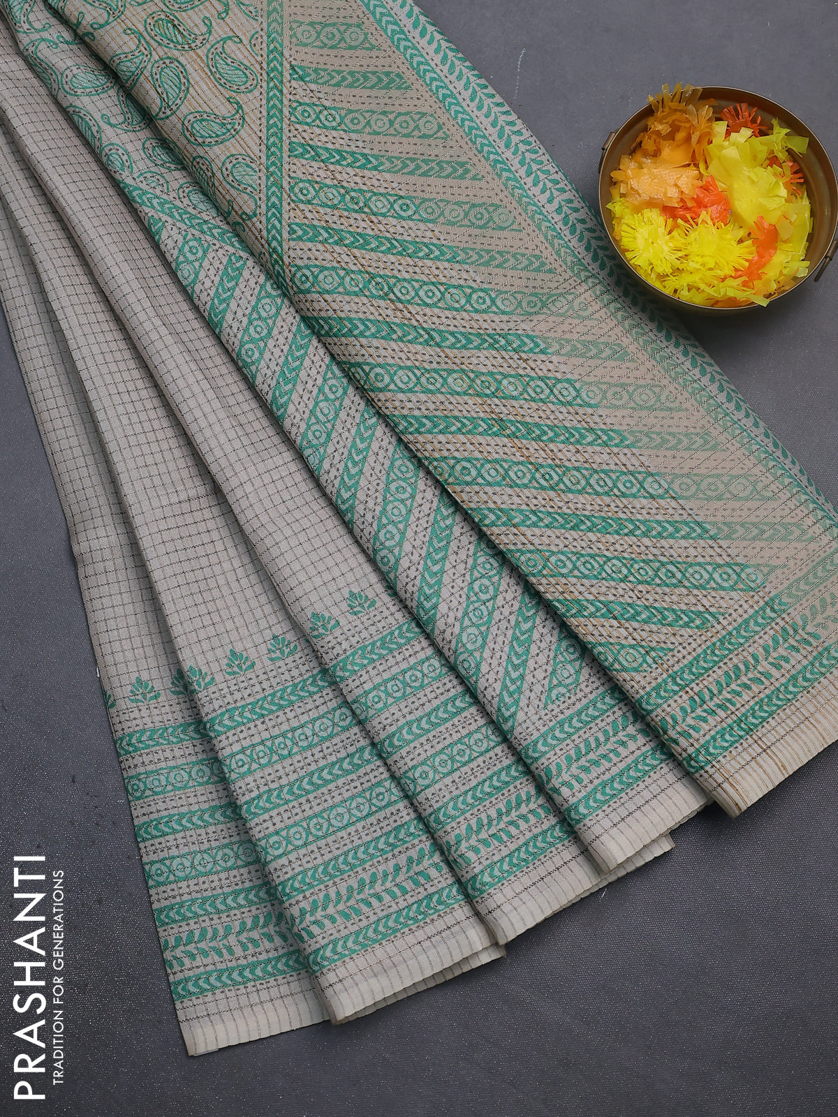 Chappa saree beige and teal green with allover small zari checked pattern and printed border