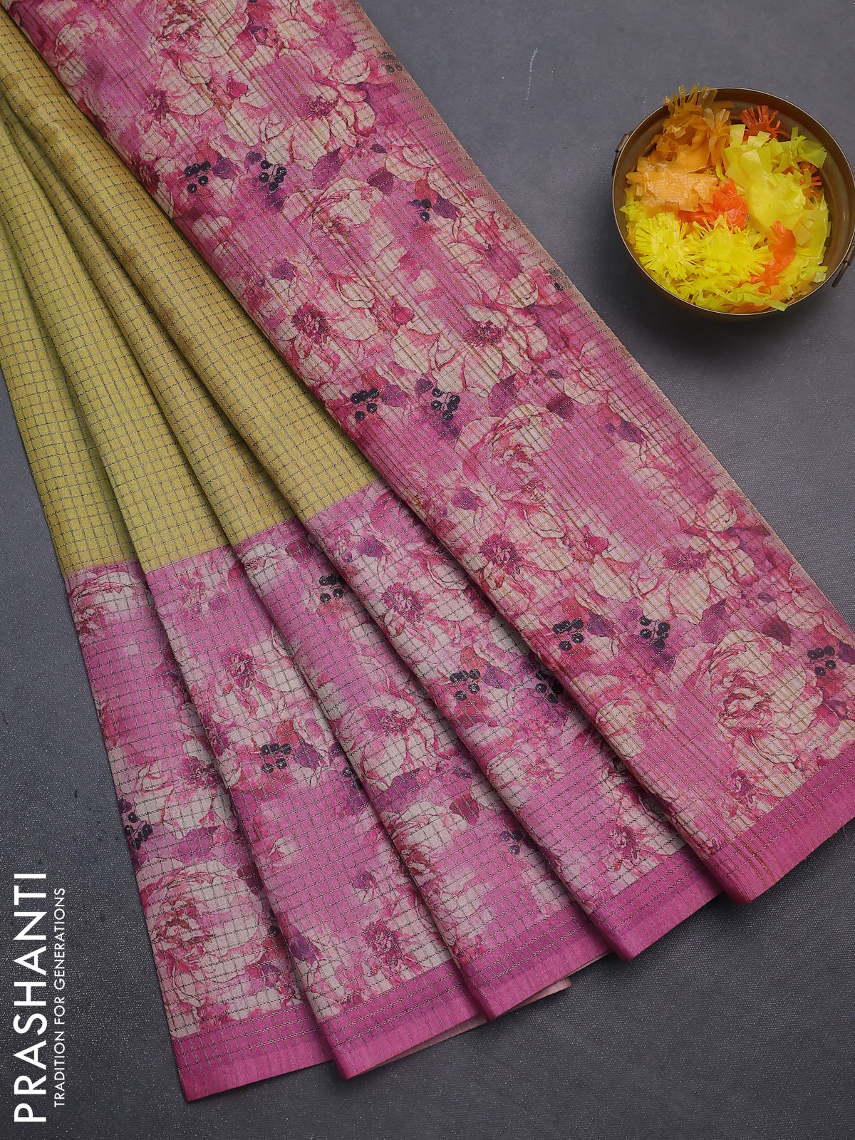 Chappa saree yellow and pink with allover small zari checked pattern and floral digital printed pallu