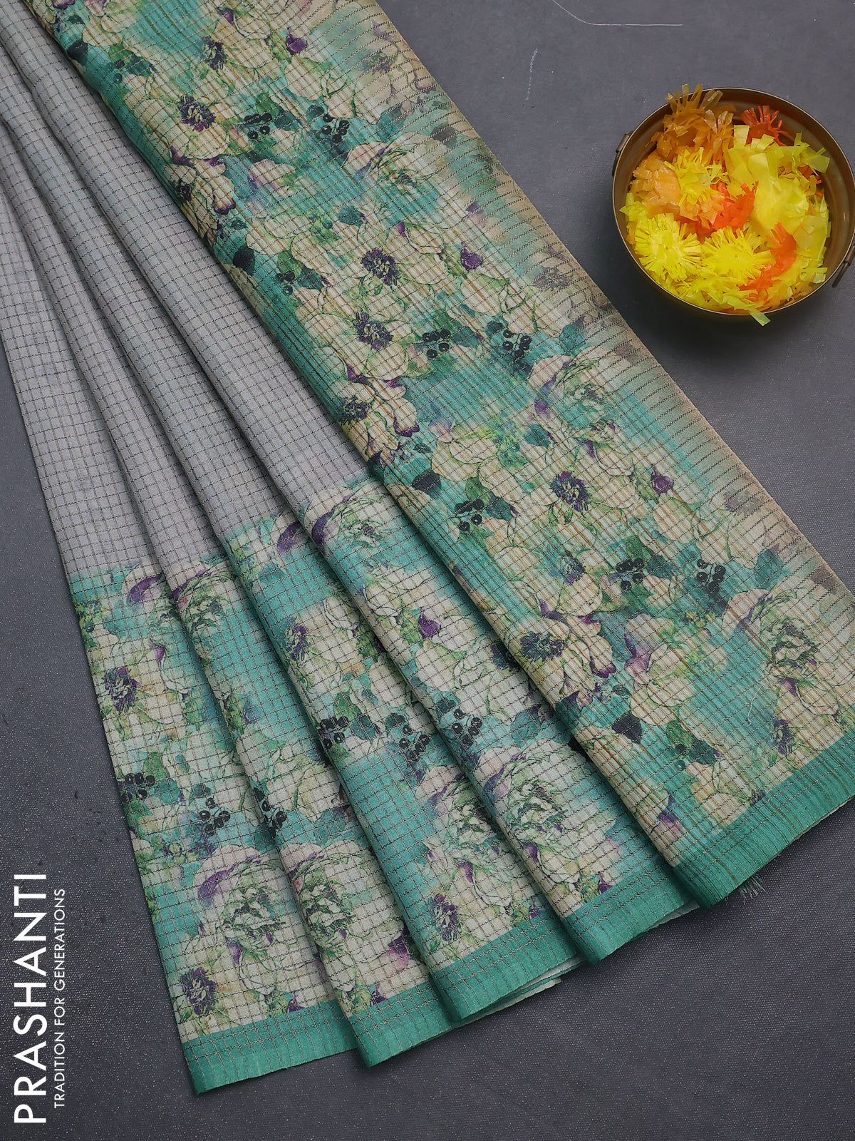 Chappa saree pastel grey and teal green with allover small zari checked pattern and floral digital printed pallu
