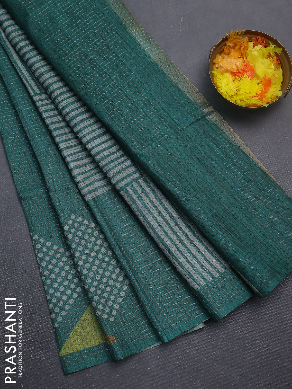 Chappa saree teal green and grey with allover small zari checked pattern and printed border