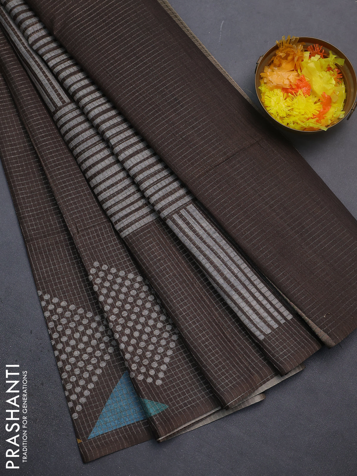 Chappa saree coffee brown and grey with allover small zari checked pattern and printed border