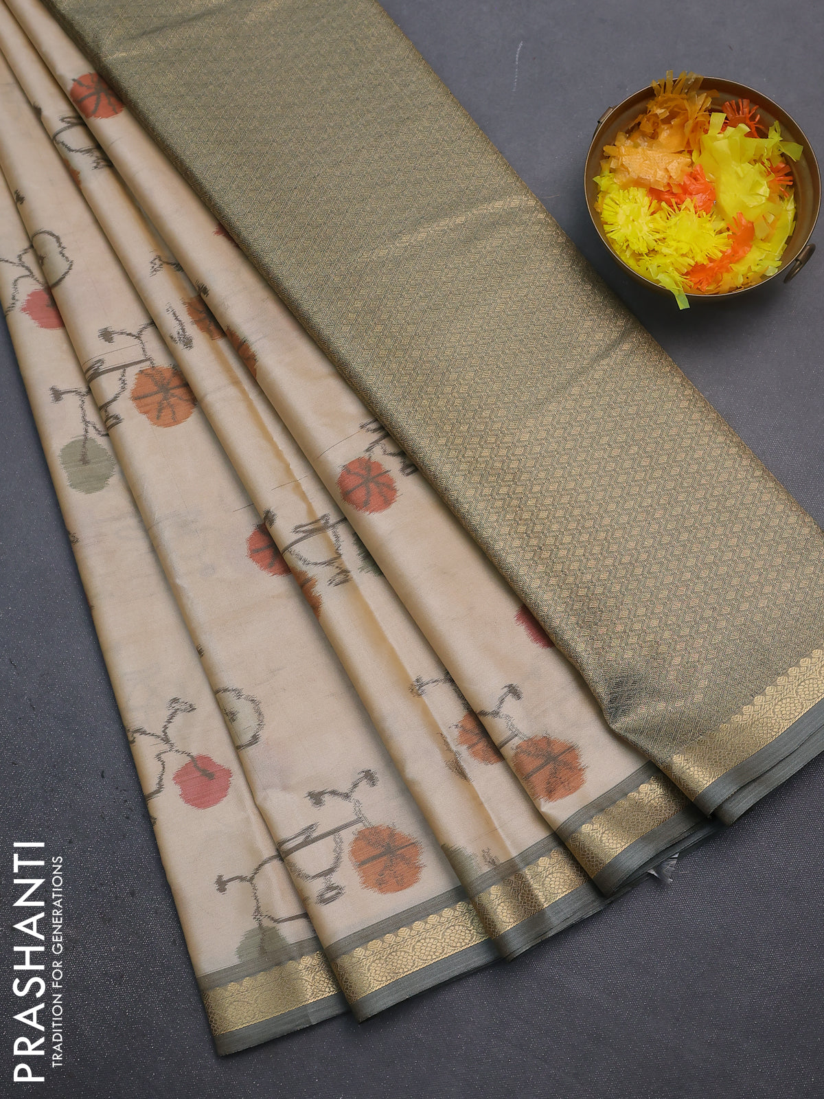 Bangalori semi silk saree beige and grey with allover ikat butta weaves and zari woven border