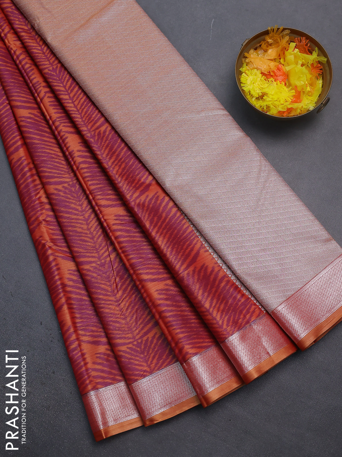 Bangalori semi silk saree orange with allover ikat weaves and zari woven border