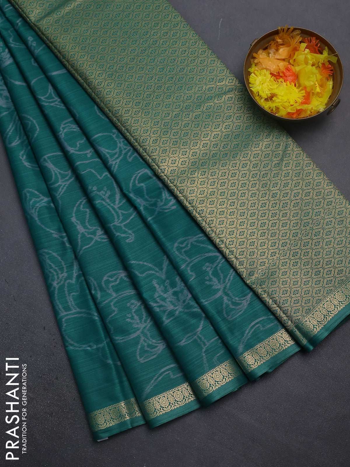 Bangalori semi silk saree teal green with allover ikat weaves and zari woven border