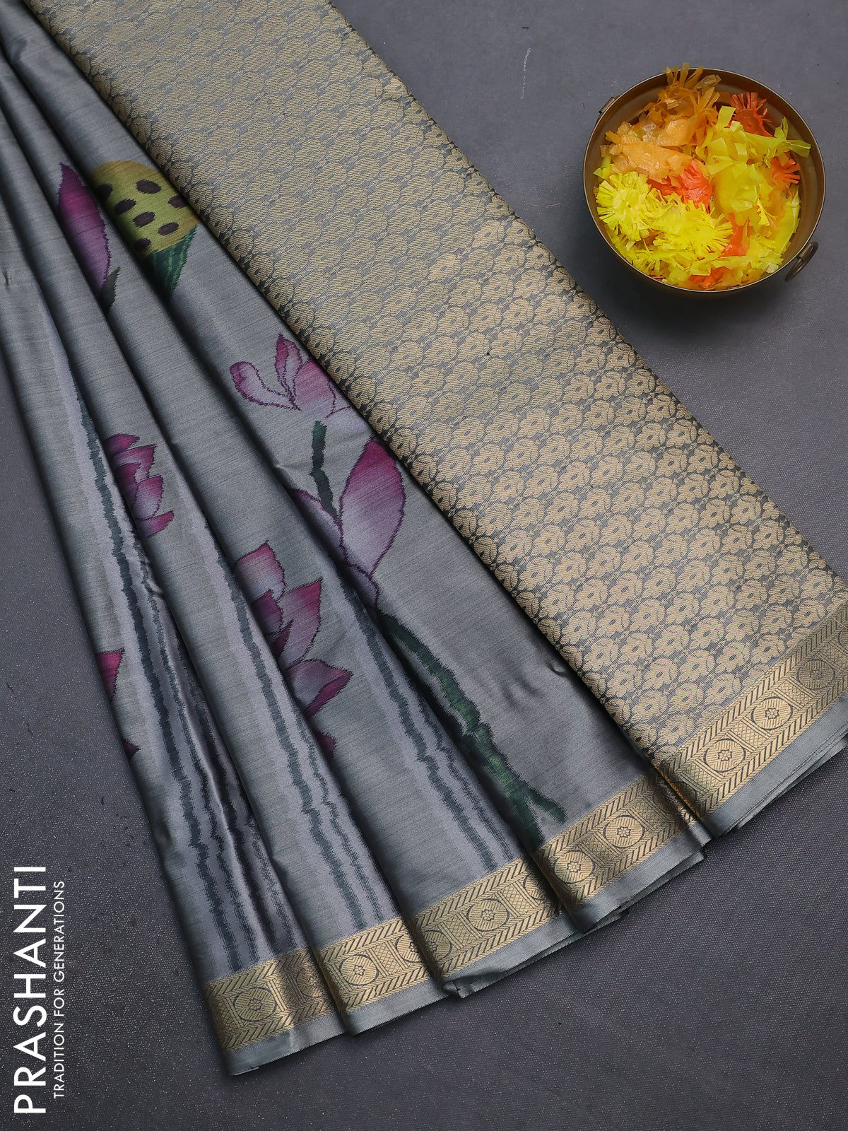Bangalori semi silk saree grey with allover floral ikat weaves and zari woven border