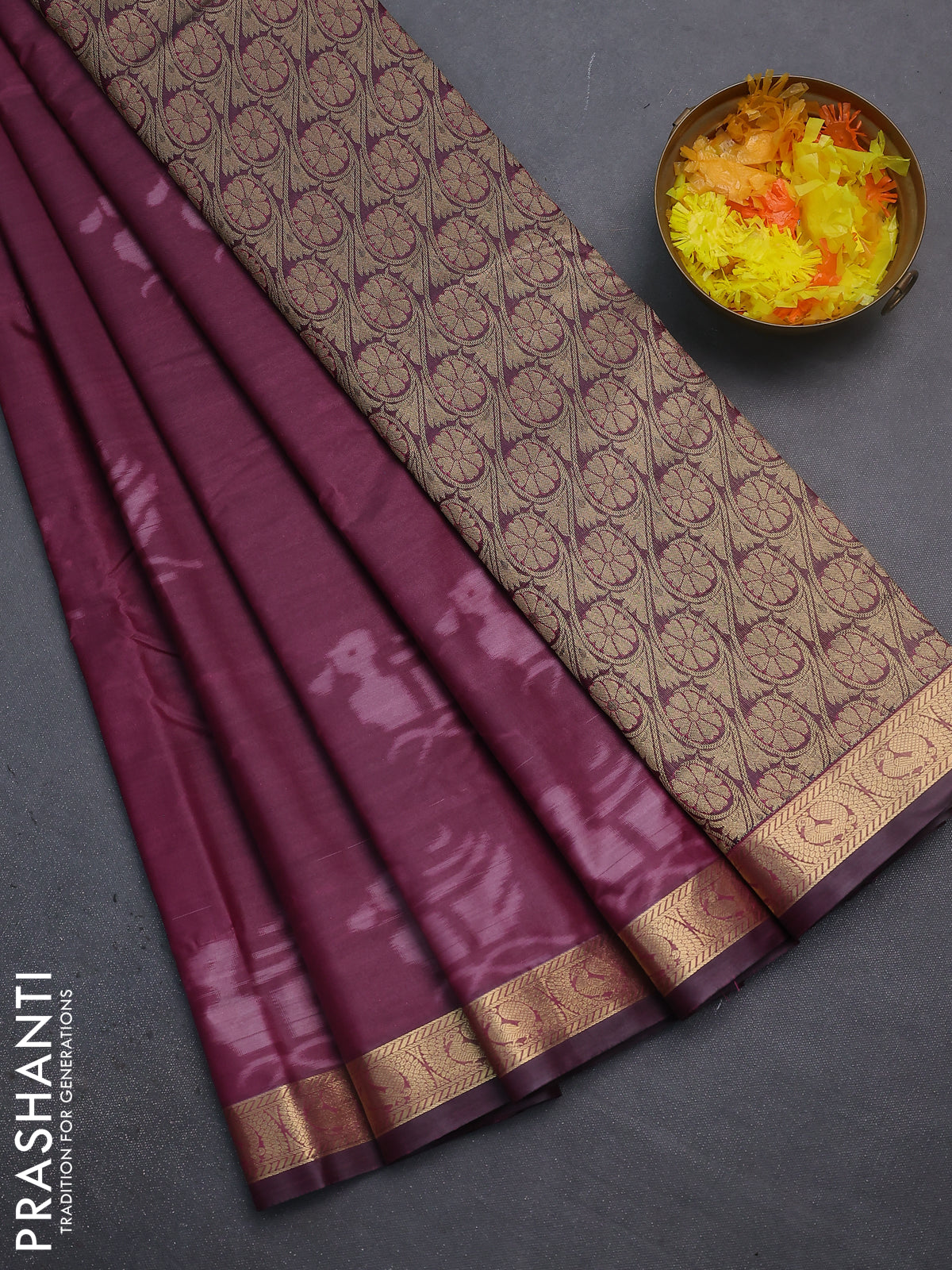 Bangalori semi silk saree wine shade with allover ikat butta weaves and zari woven border