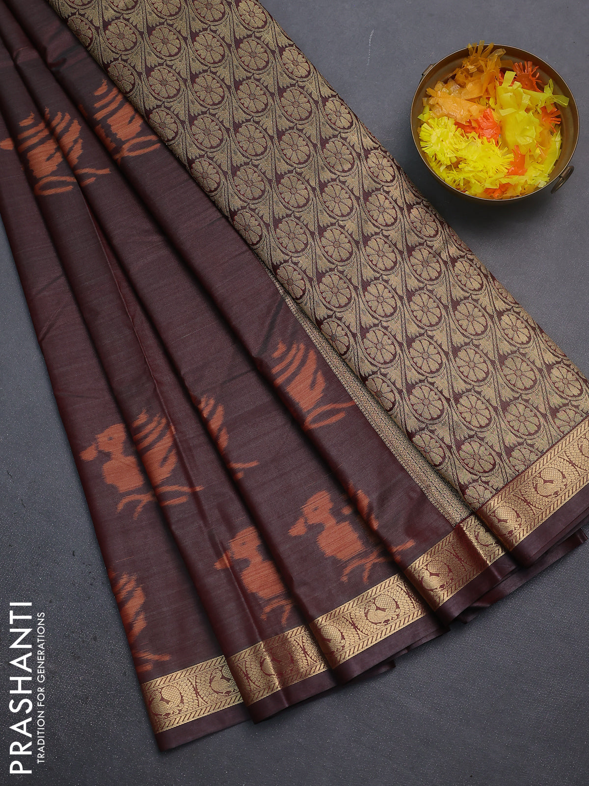Bangalori semi silk saree deep maroon with allover ikat butta weaves and zari woven border