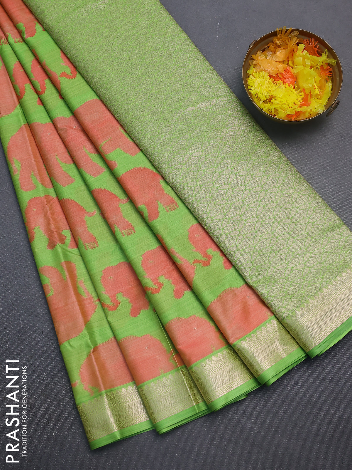 Bangalori semi silk saree fluorescent green with allover elephant butta ikat weaves and zari woven border
