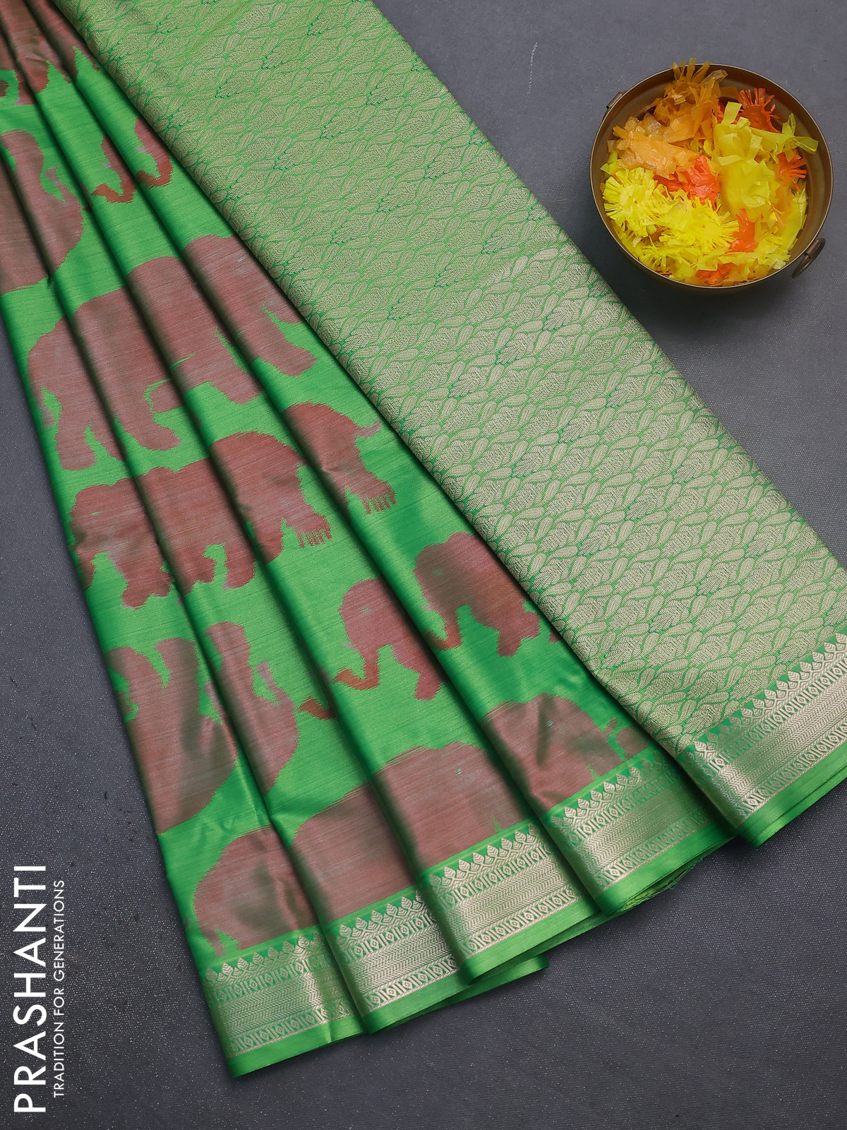 Bangalori semi silk saree green with allover elephant butta ikat weaves and zari woven border