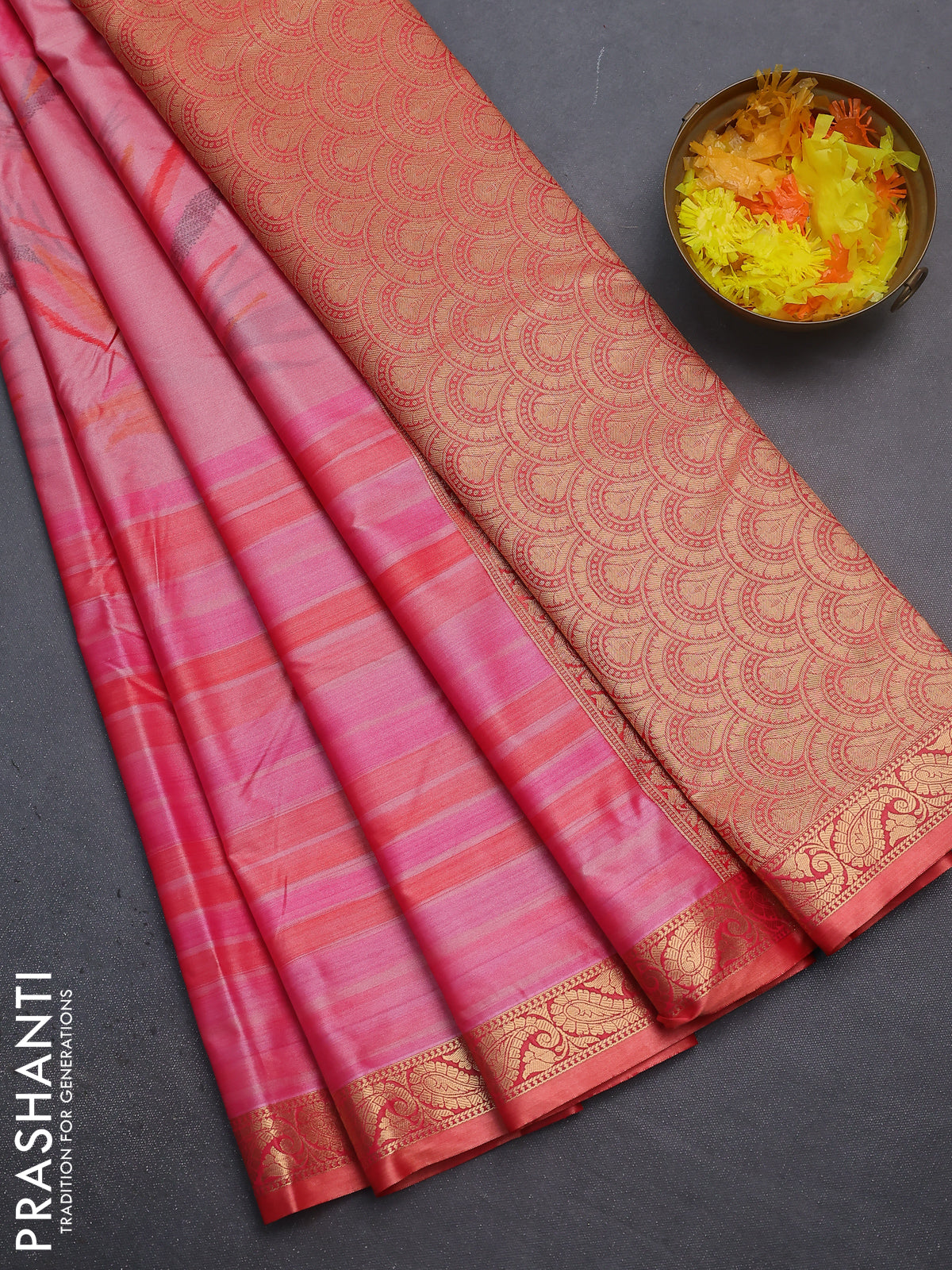 Bangalori semi silk saree peach pink and orange with allover ikat weaves and zari woven border