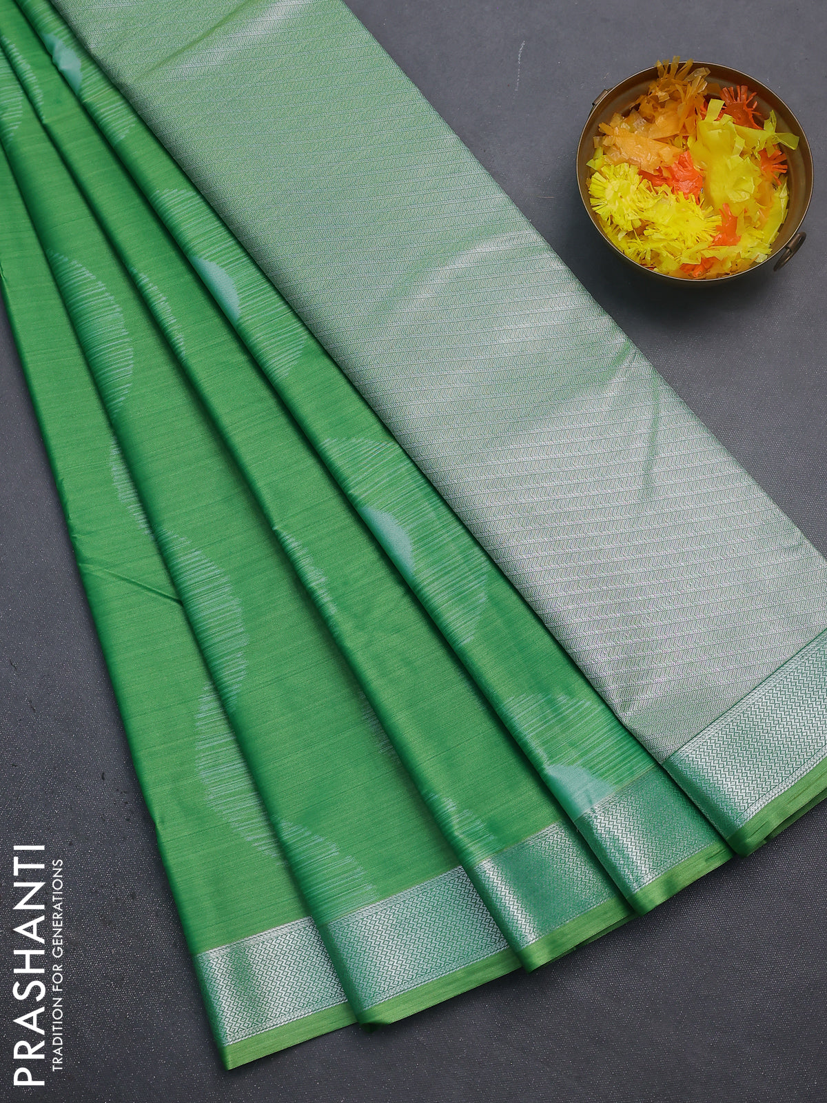 Bangalori semi silk saree green with allover ikat weaves and zari woven border