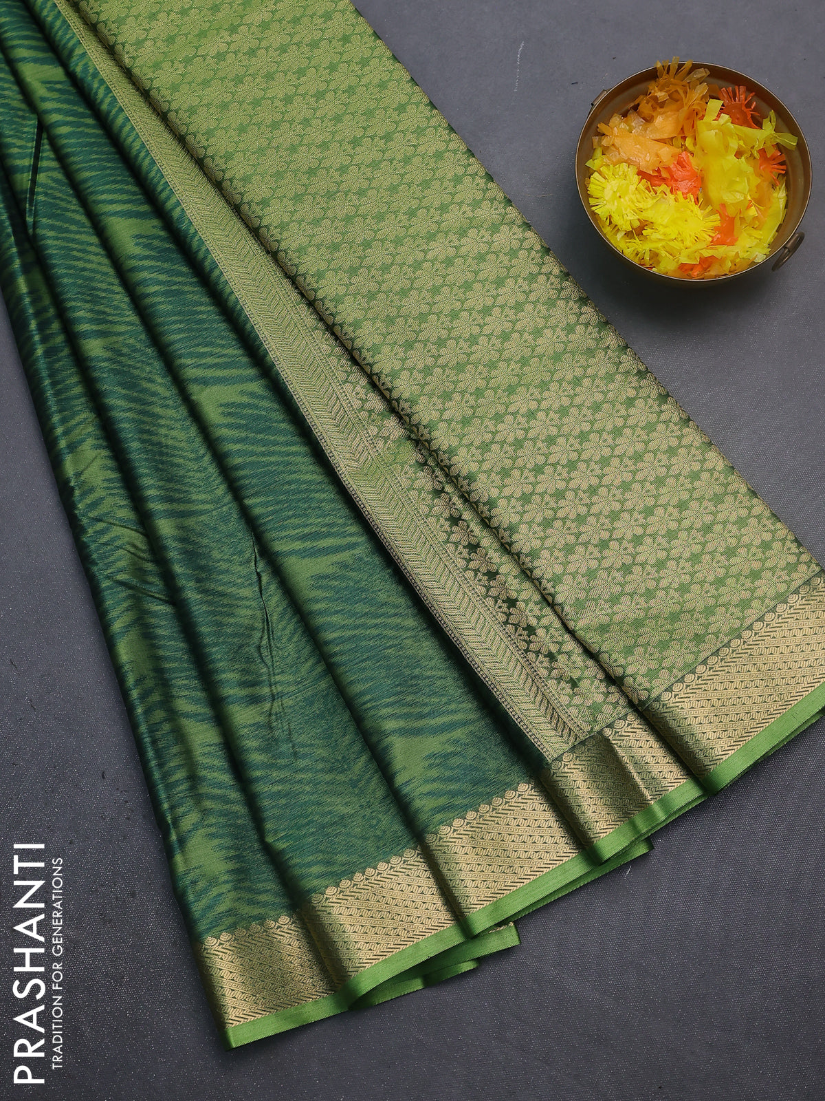 Bangalori semi silk saree light green and green with allover ikat weaves and zari woven border