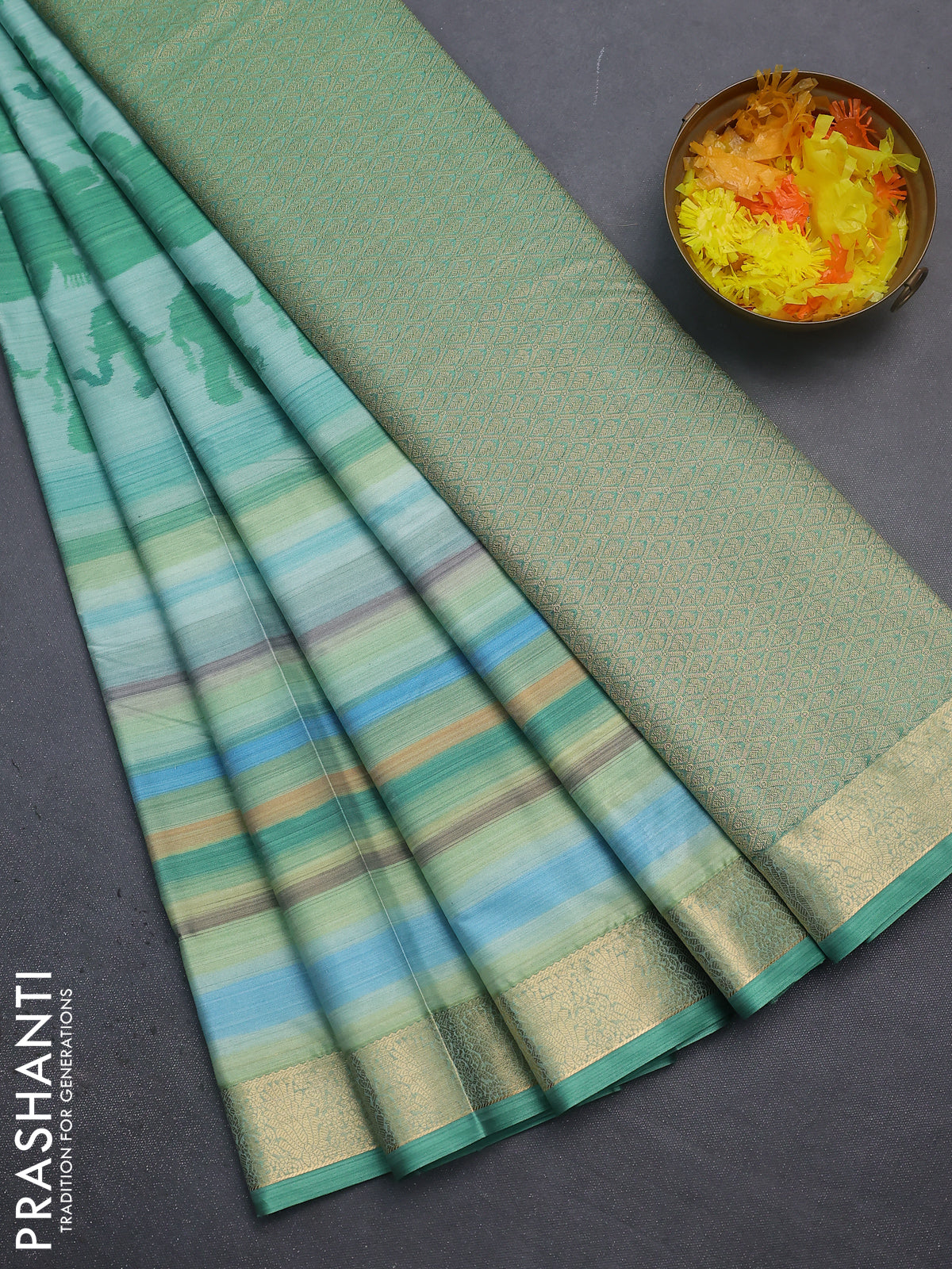 Bangalori semi silk saree teal green shade and green with allover elephant butta ikat weaves and zari woven border