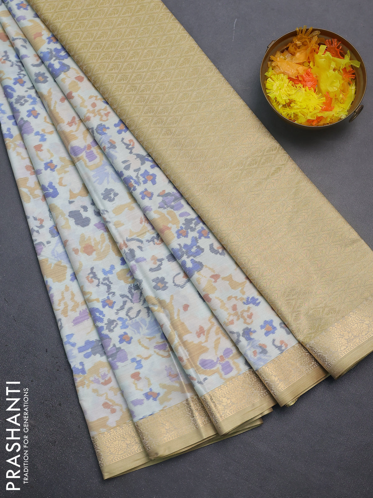 Bangalori semi silk saree off white and sandal with allover ikat weaves and zari woven border