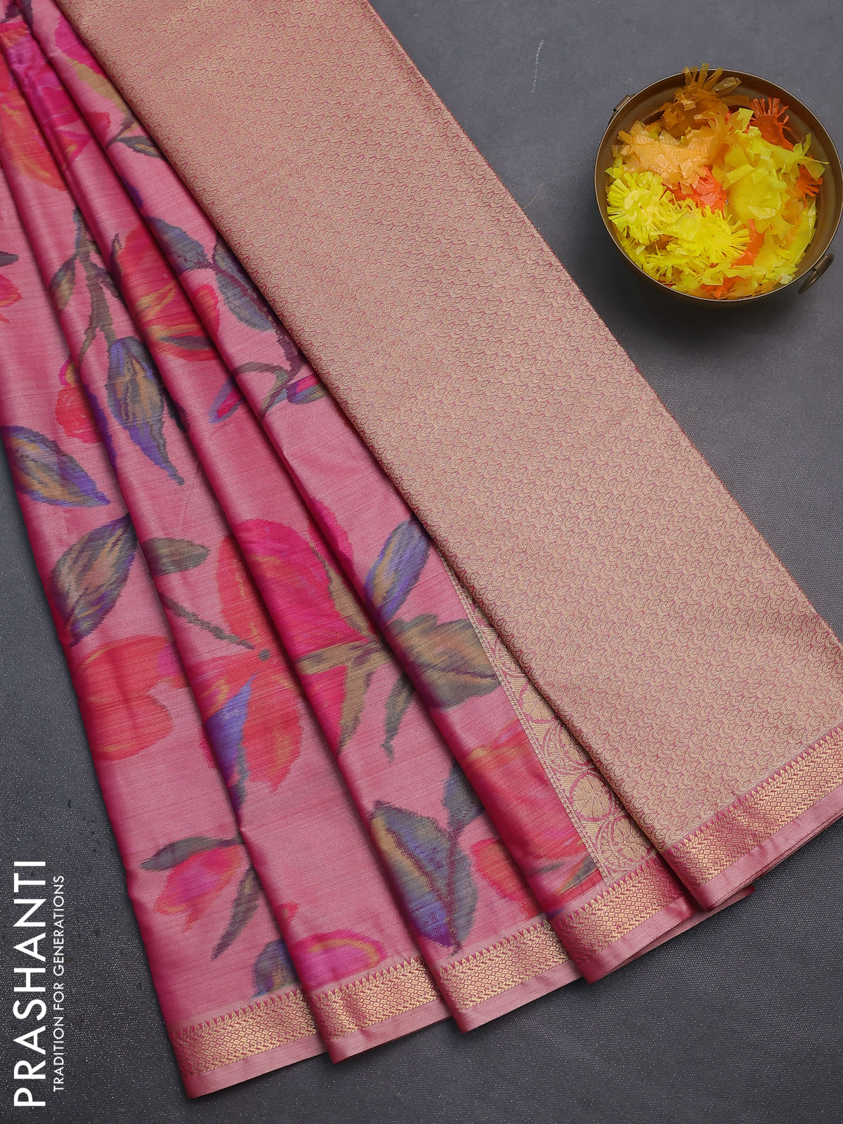 Bangalori semi silk saree peach pink with floral design ikat weaves and zari woven border