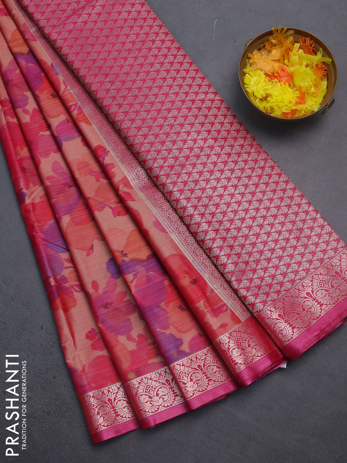 Bangalori semi silk saree orange and pink with allover ikat weaves and zari woven border