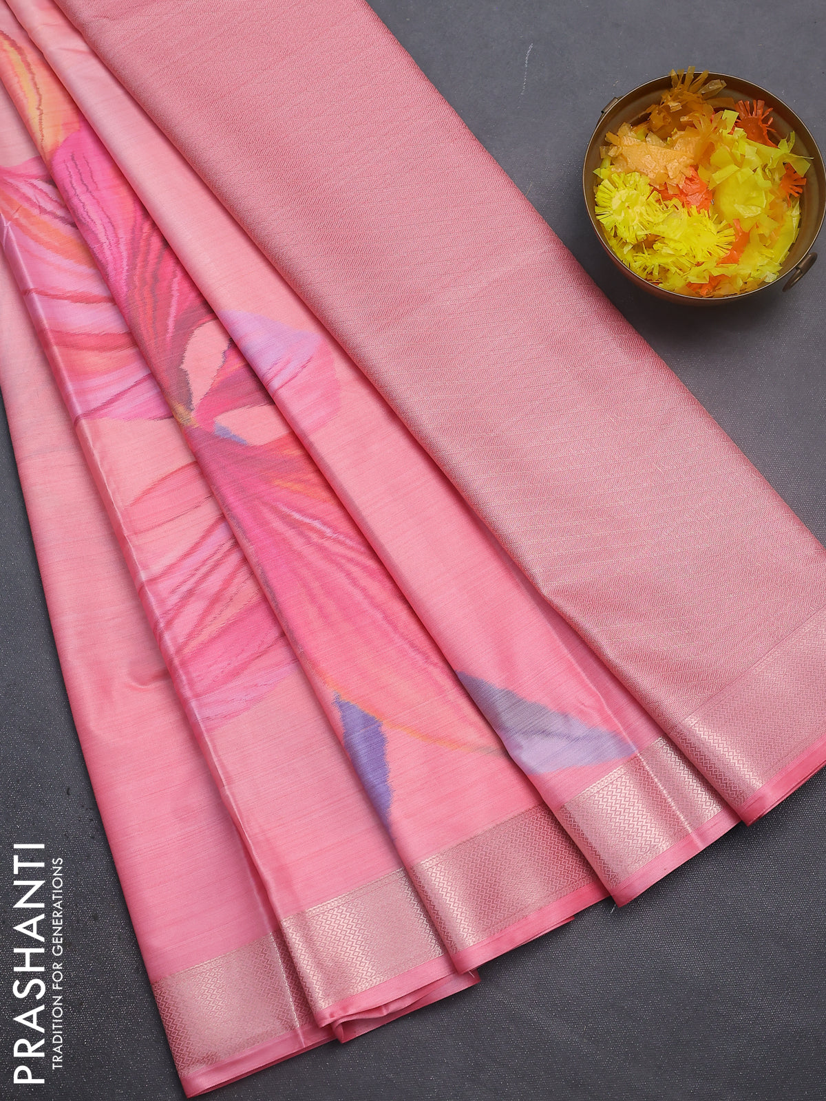 Bangalori semi silk saree peach pink with allover ikat weaves and zari woven border