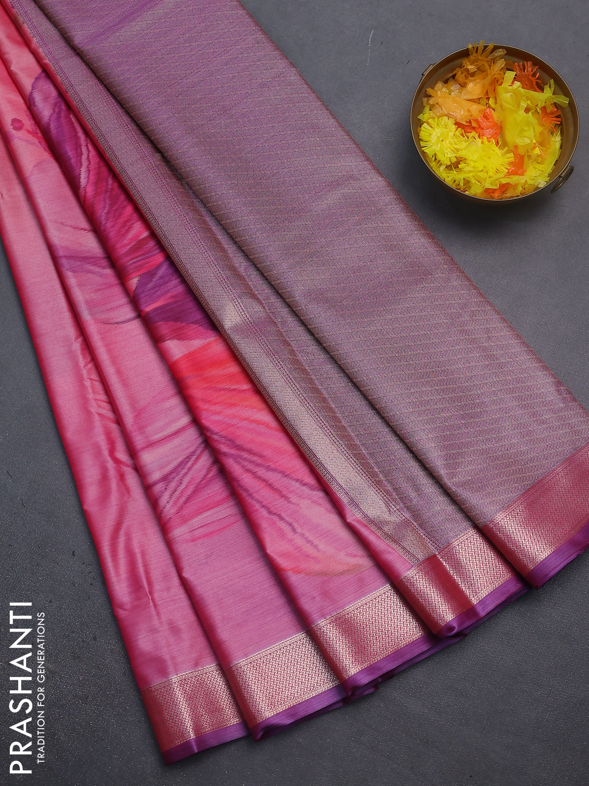 Bangalori semi silk saree peach pink and pink with allover ikat weaves and zari woven border
