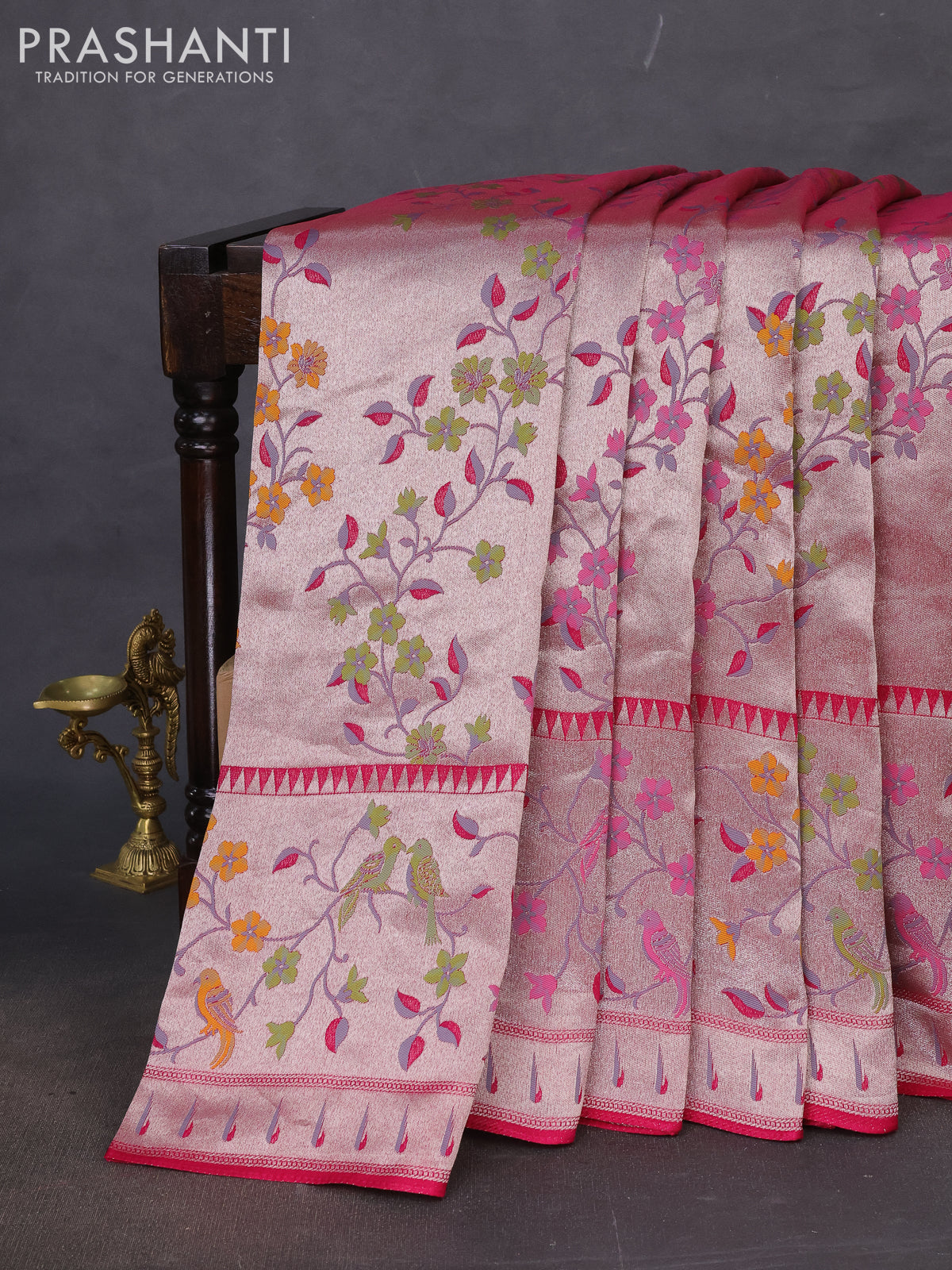 Banarasi semi raw silk saree pink with zari woven floral design paithani weaves and floral design paithani border