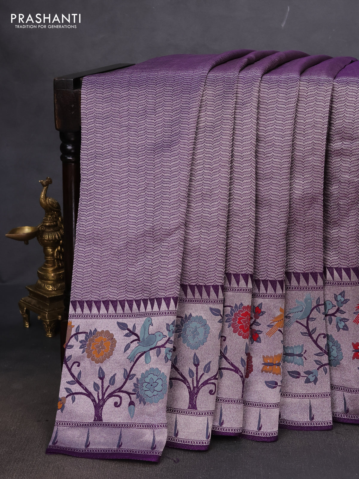 Banarasi semi raw silk saree violet with allover zari woven brocade weaves and floral design paithani border