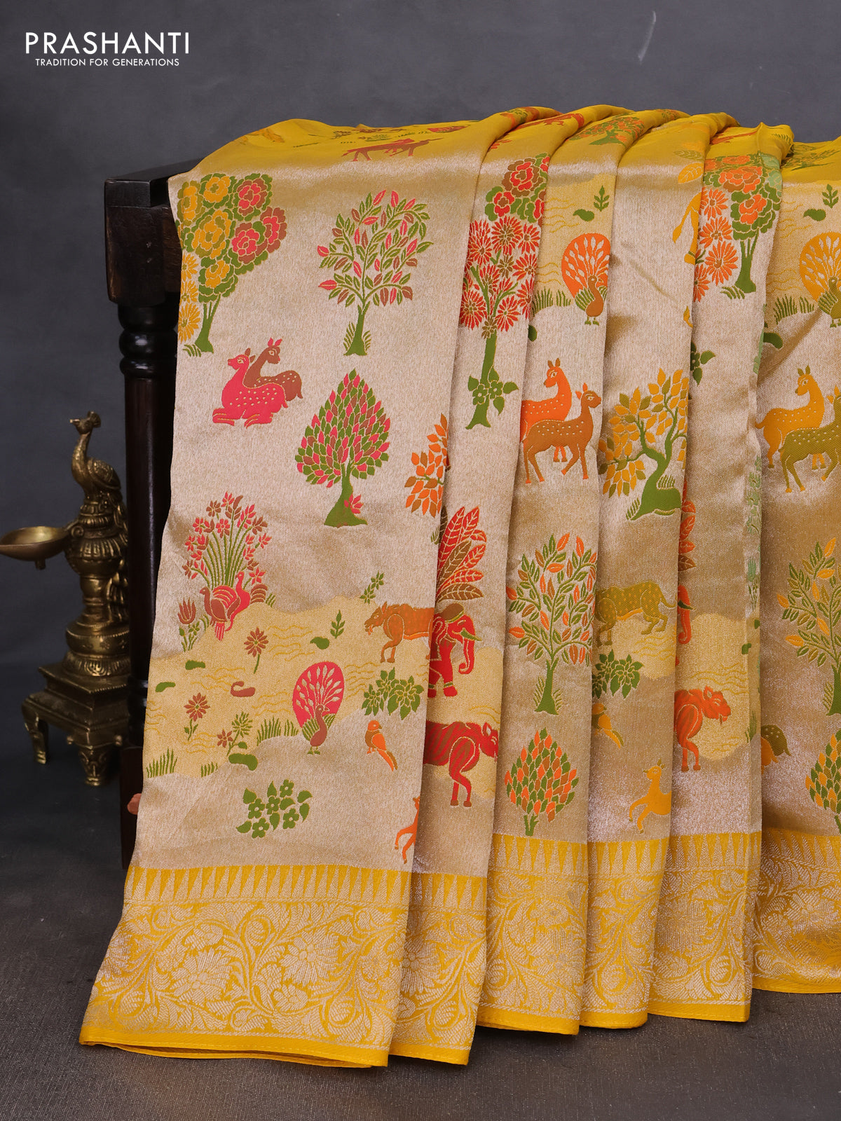 Banarasi semi raw silk saree yellow with allover silver zari woven paithani weaves and woven border