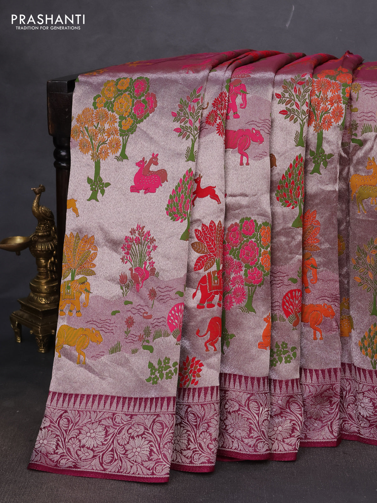 Banarasi semi raw silk saree wine shade with allover silver zari woven paithani weaves and woven border