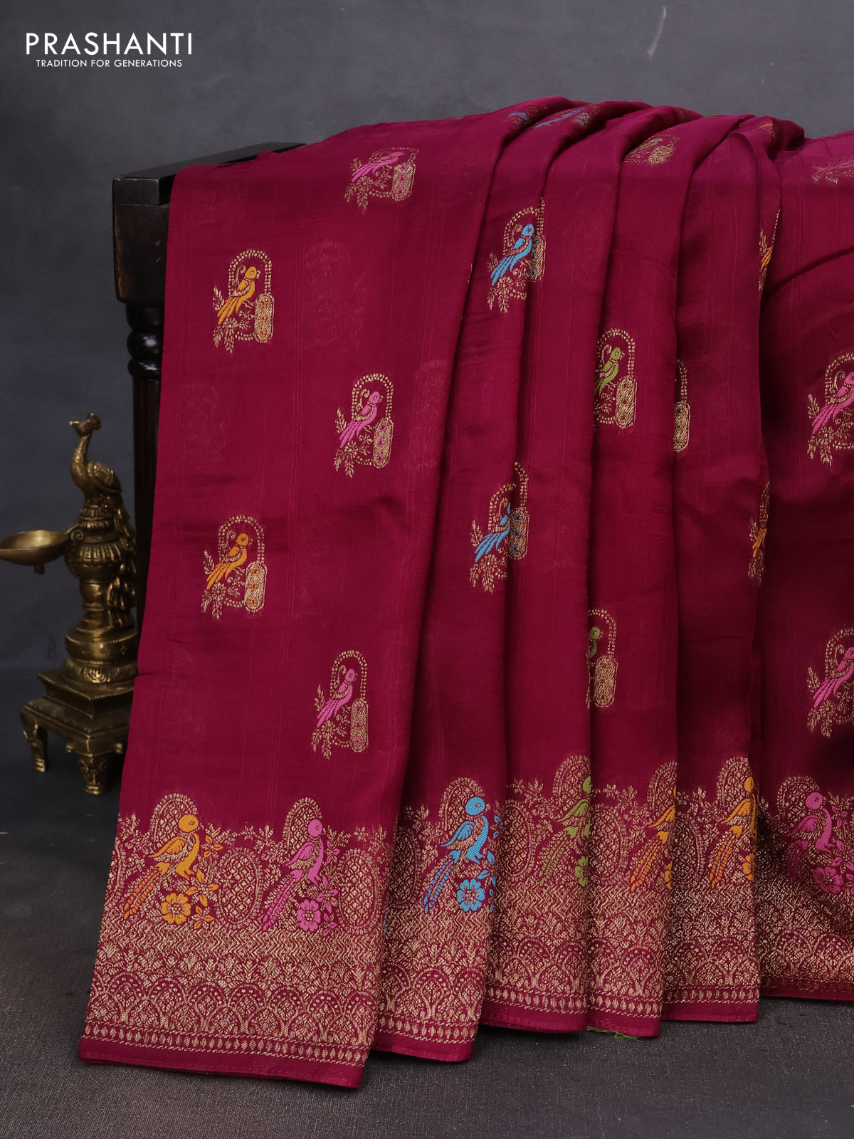 Banarasi semi raw silk saree wine shade with thread & zari woven buttas and woven border