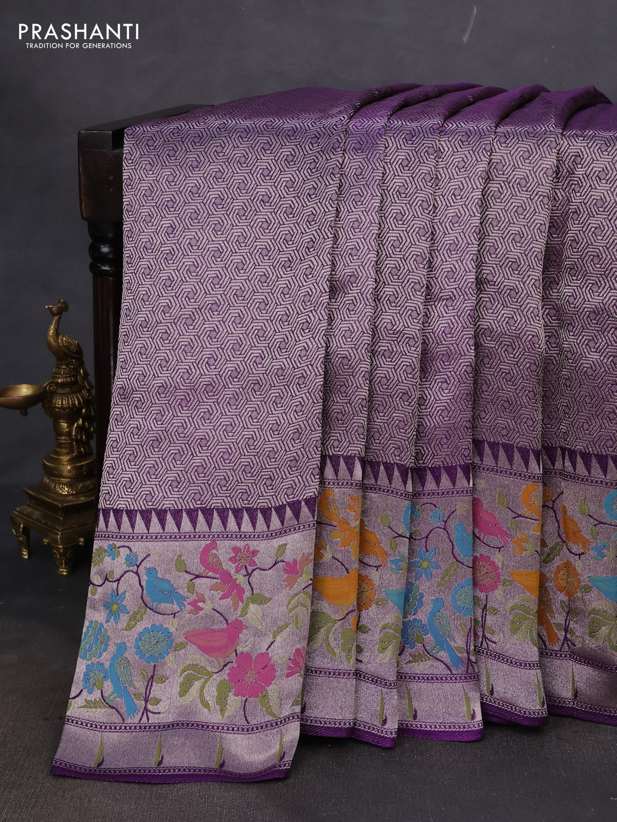 Banarasi semi raw silk saree violet with allover silver woven brocade weaves and floral design paithani border