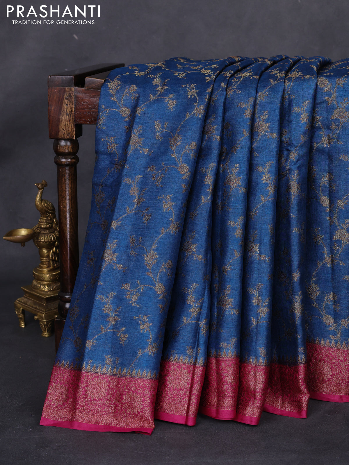 Banarasi tussar silk saree peacock blue and magenta pink with allover thread & zari weaves and woven border