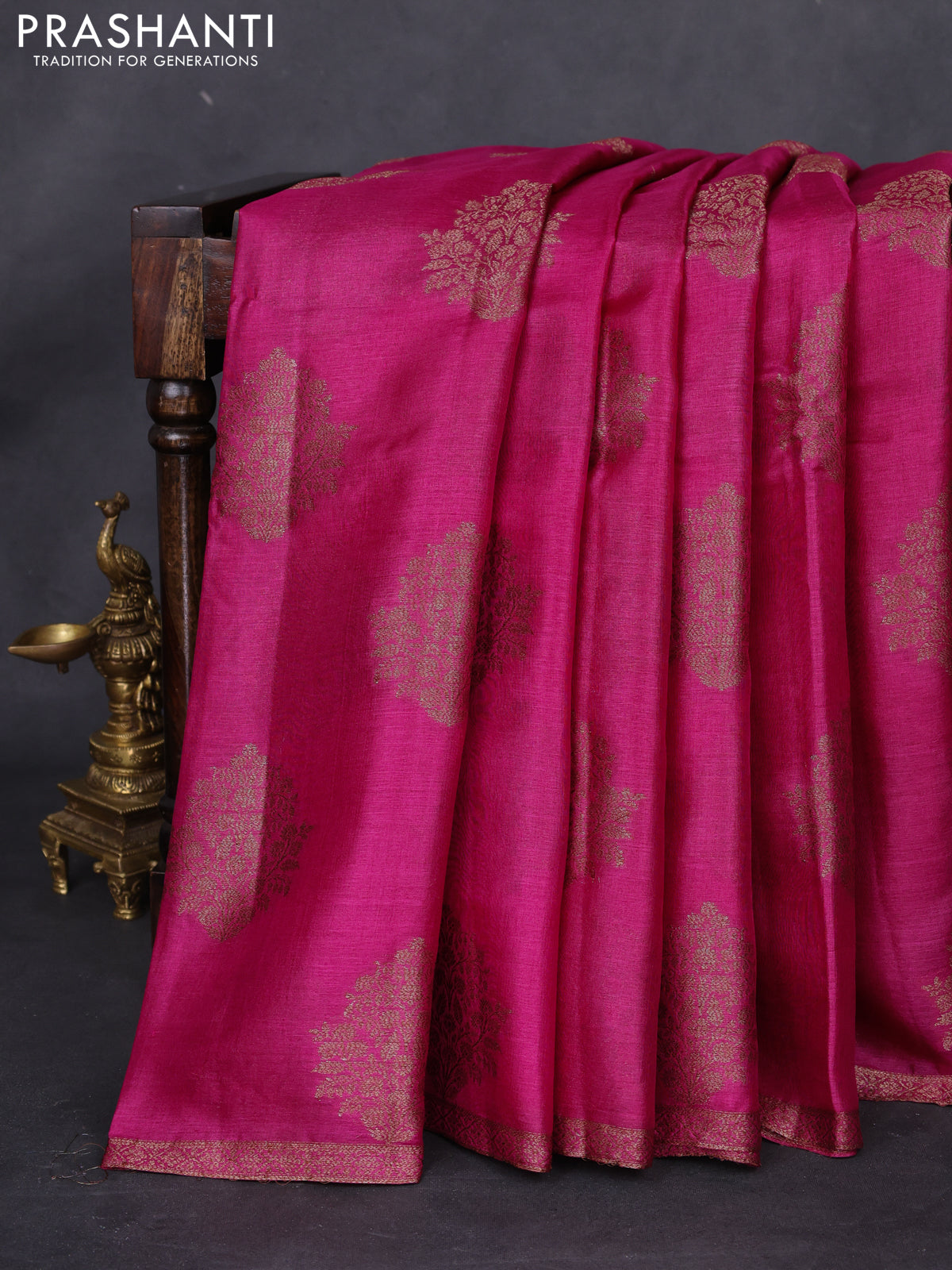 Banarasi tussar silk saree magenta pink and violet with thread & zari woven floral buttas and woven border
