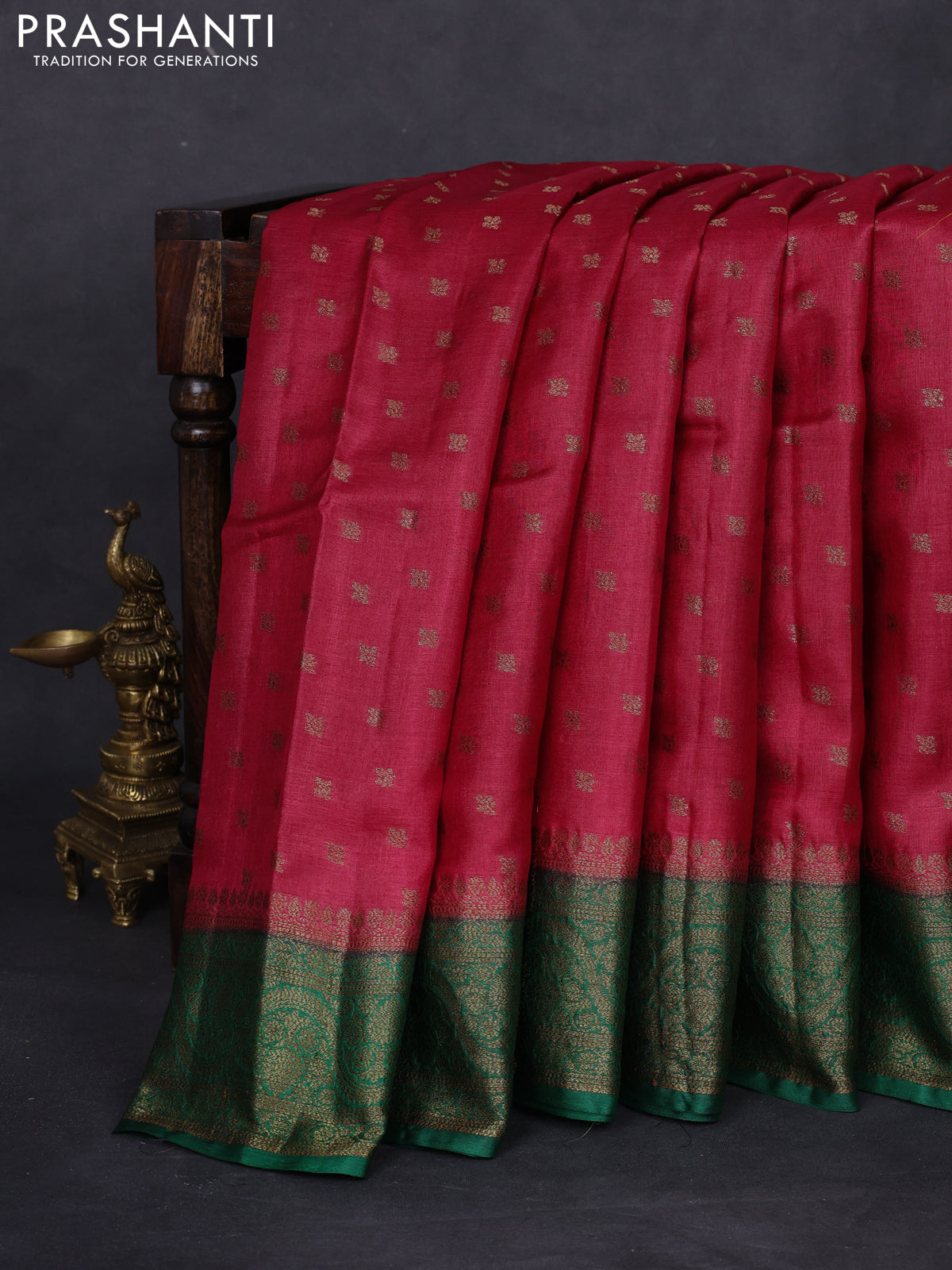 Banarasi tussar silk saree maroon and green with allover thread & zari woven buttas and woven border