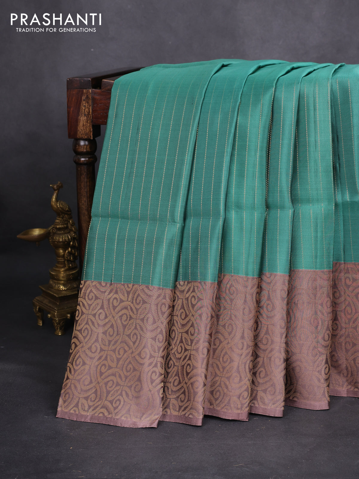 Kanchipuram soft silk saree teal green shade and pastel brown with allover zari stripe pattern and long rich zari woven border