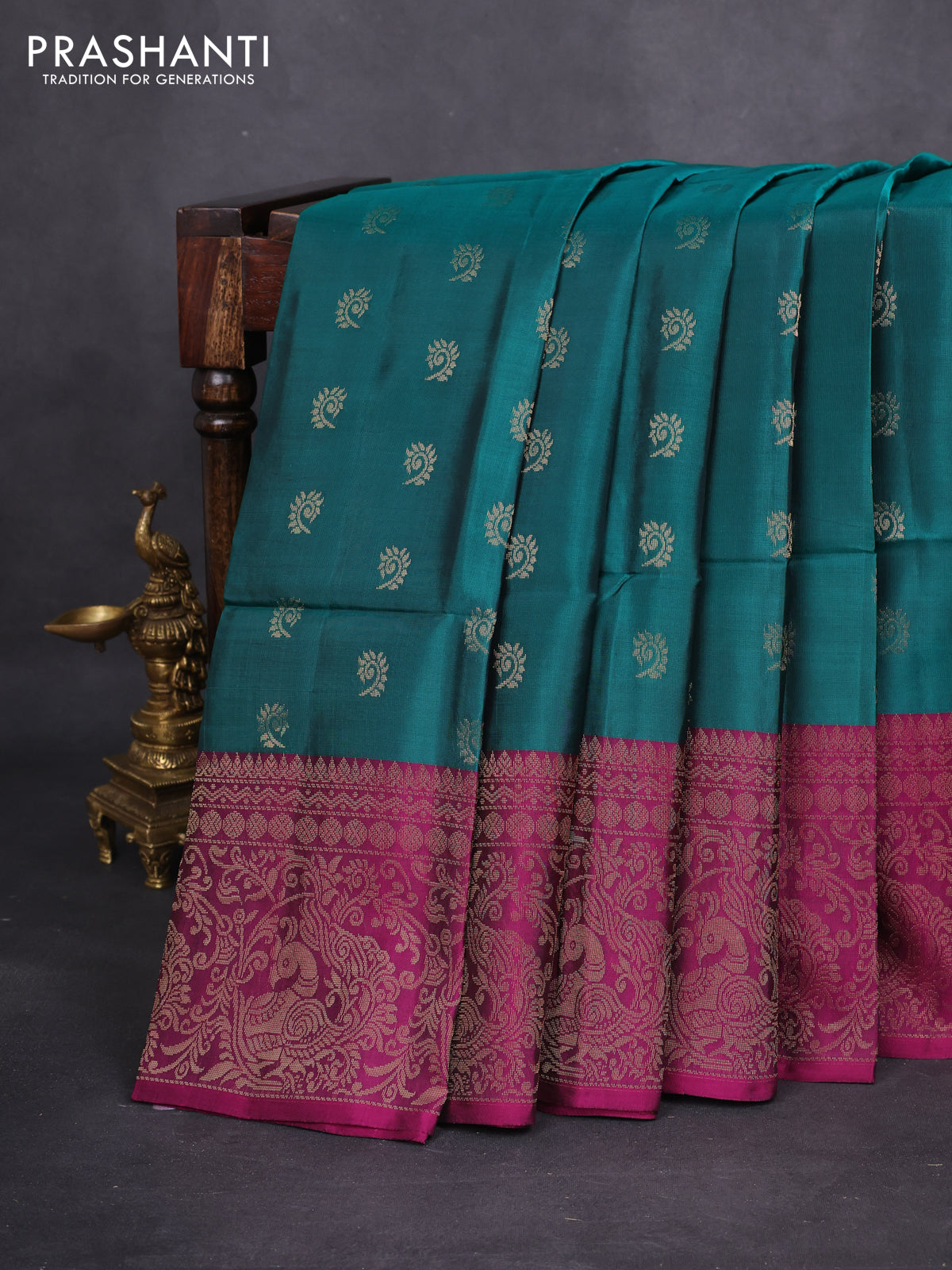 Kanchipuram soft silk saree peacock green and dark magenta pink with allover zari woven buttas and long zari woven border