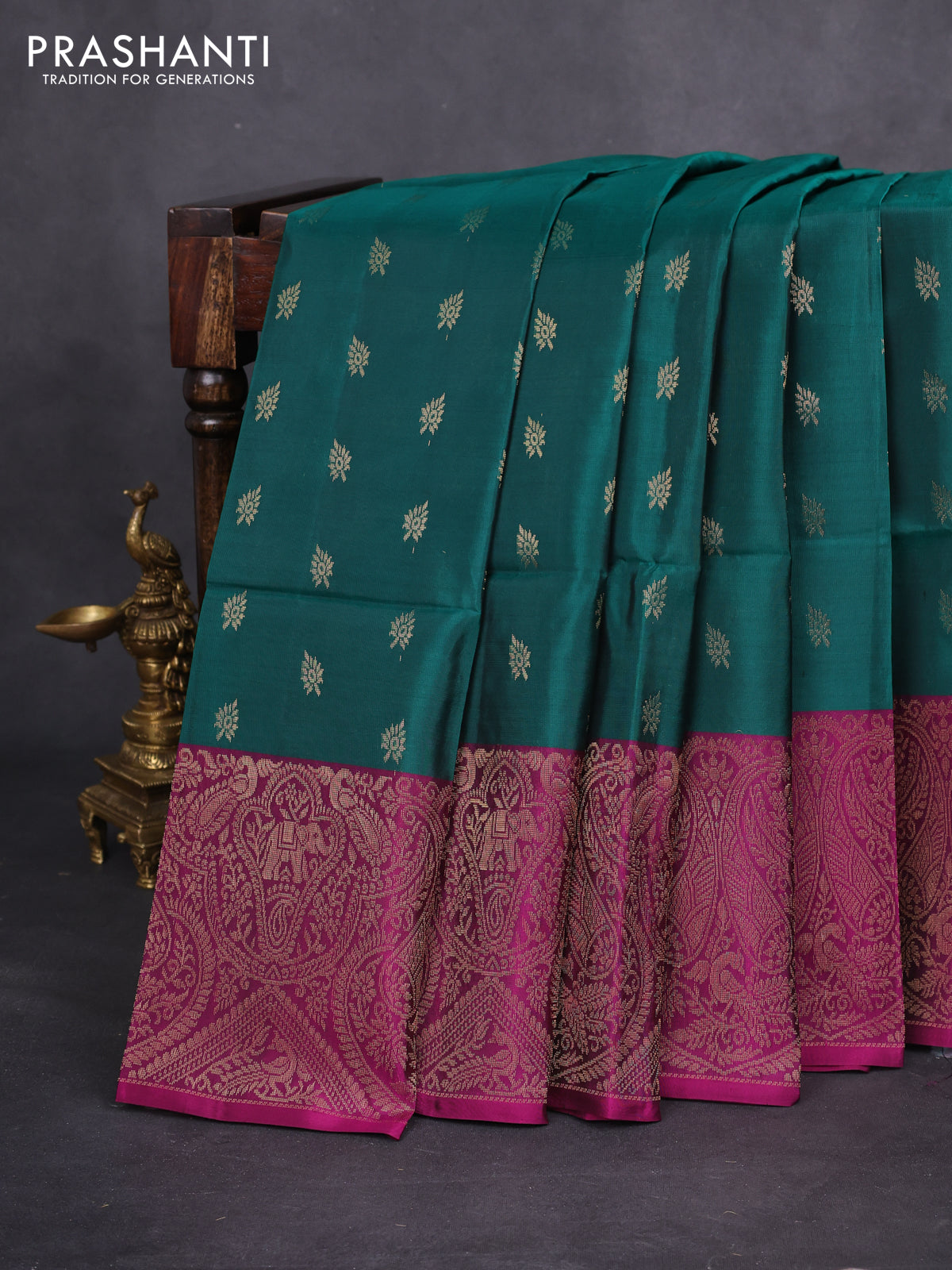 Kanchipuram soft silk saree peacock green and purple with allover zari woven buttas and long zari woven border