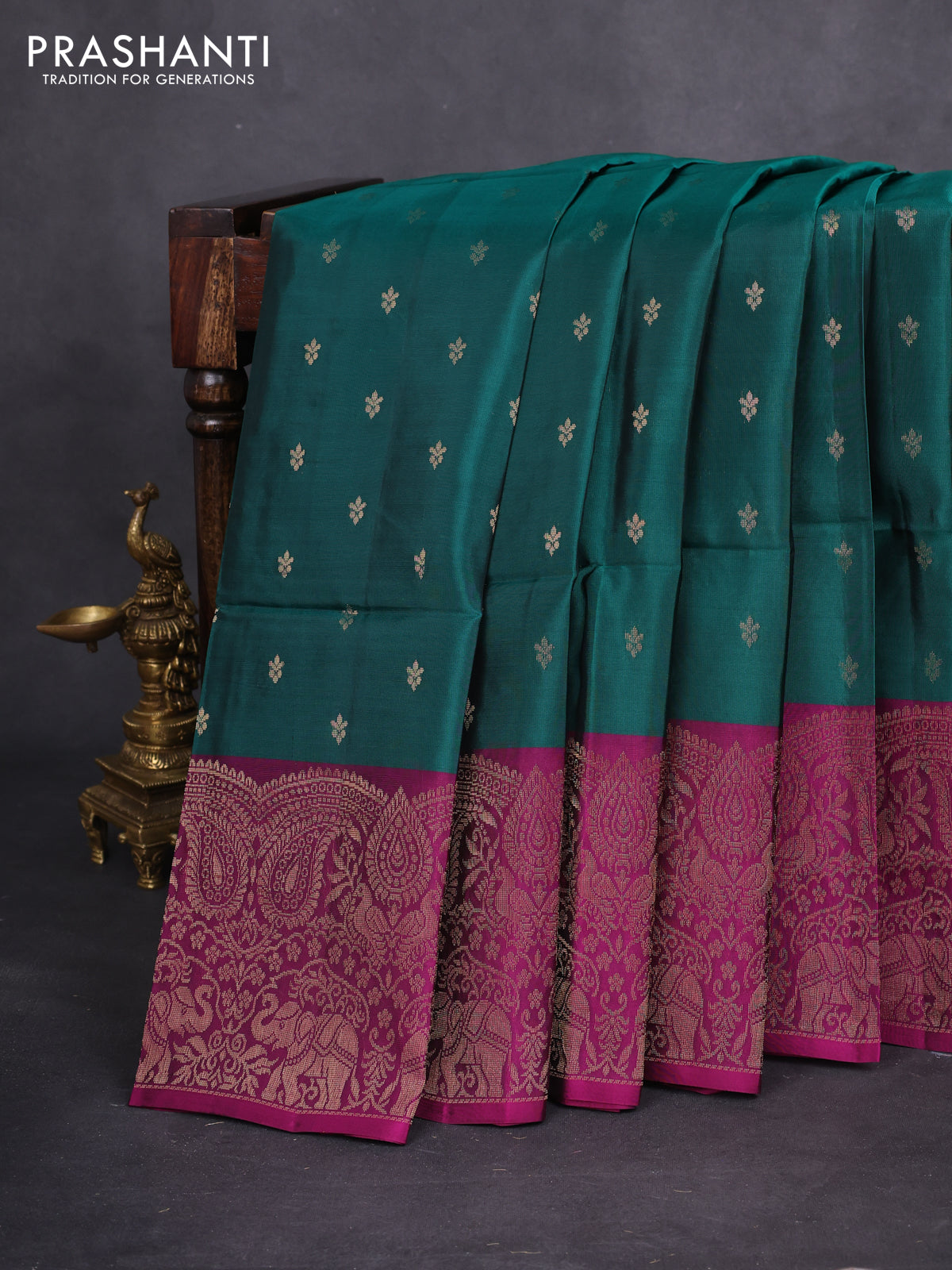 Kanchipuram soft silk saree peacock green and purple with allover zari woven buttas and long zari woven border