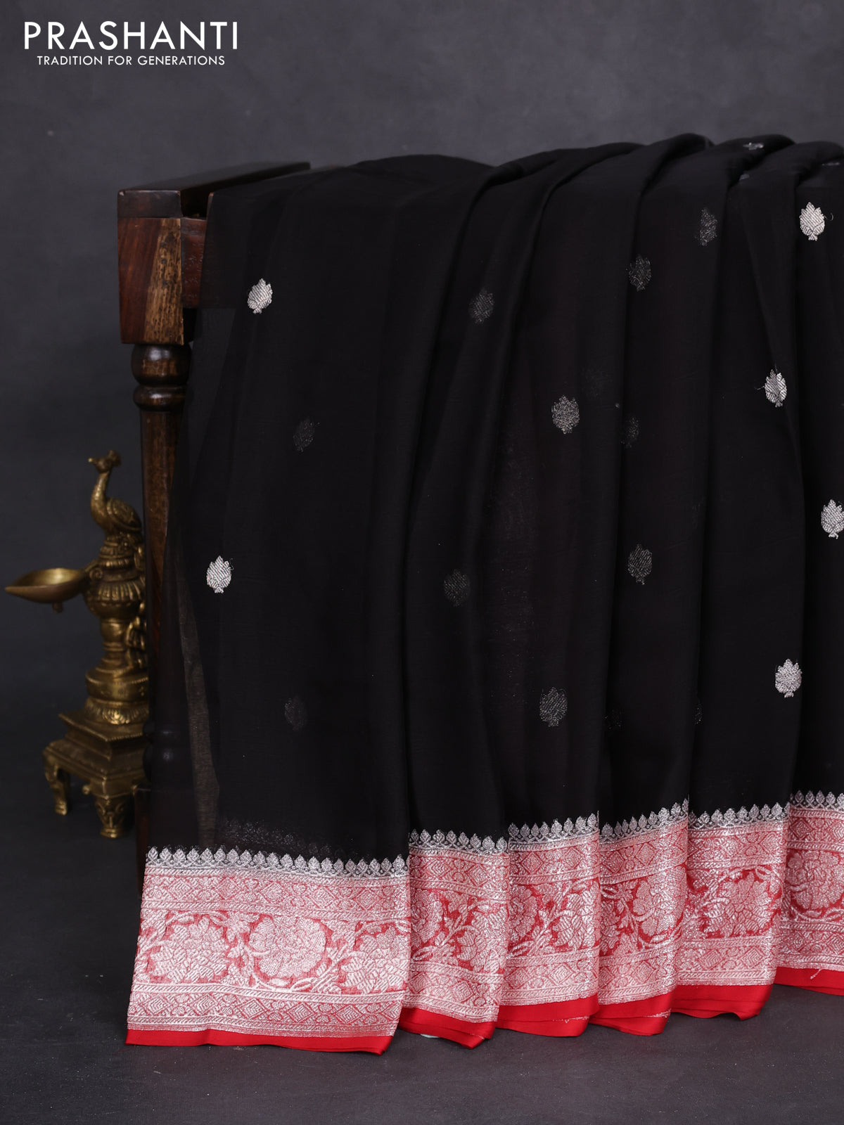 Banarasi chiffon silk saree black and red with silver zari woven buttas and silver zari woven border