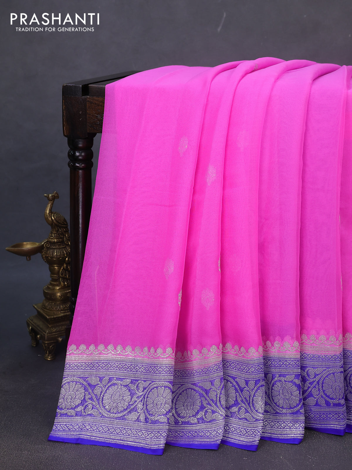 Banarasi chiffon silk saree light pink and royal blue with silver zari woven buttas and silver zari woven border