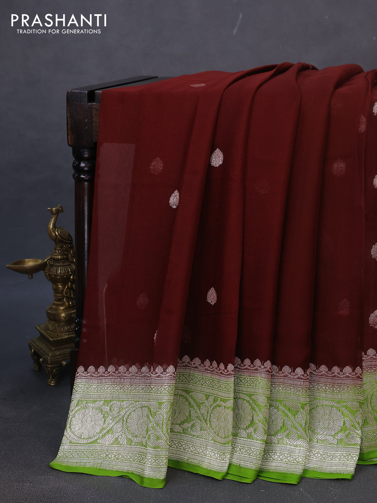 Banarasi chiffon silk saree coffee brown and light green with silver zari woven buttas and silver zari woven border