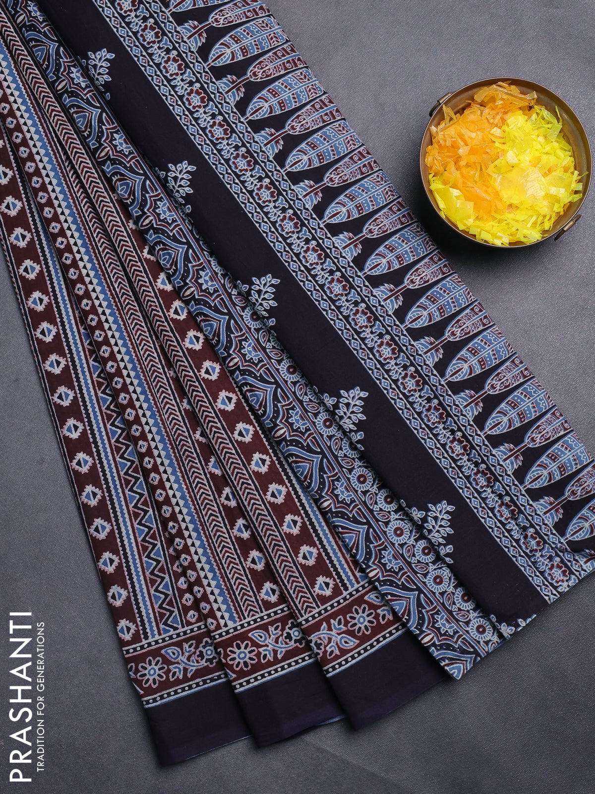 Jaipur cotton saree marron and black with allover ajrakh prints and printed border