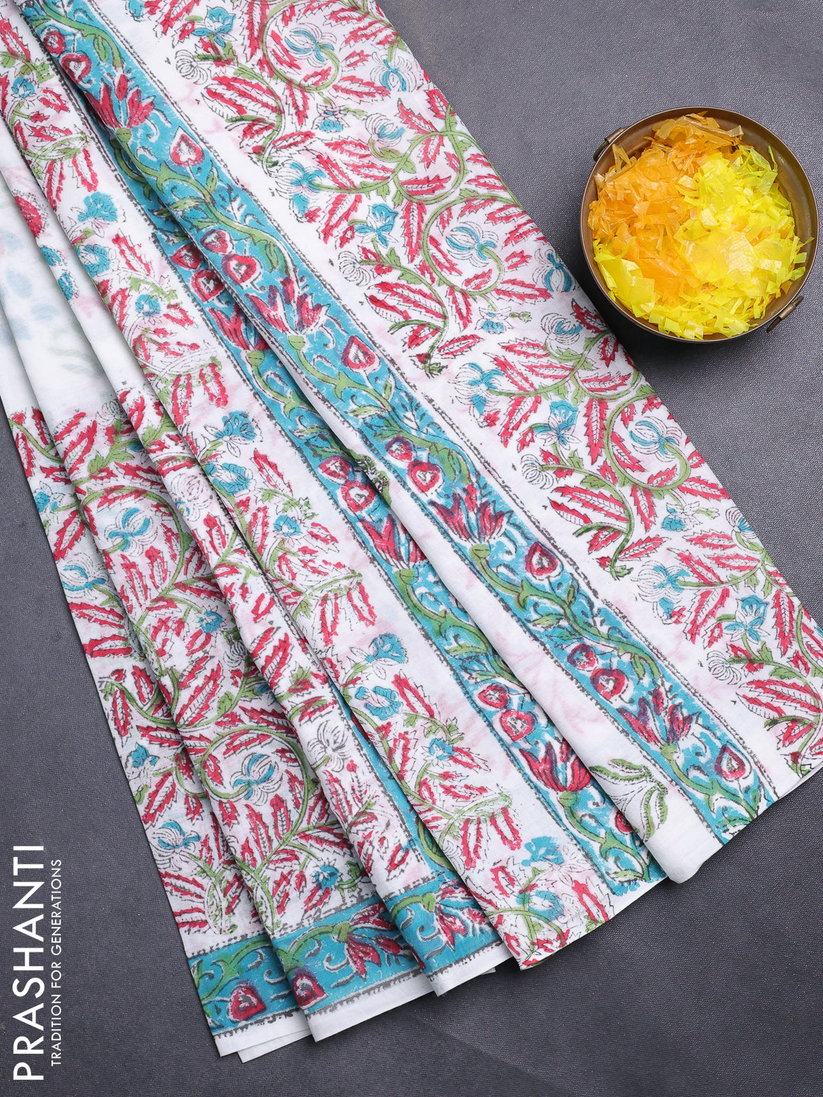 Jaipur cotton saree off white and teal blue with butta prints and printed border