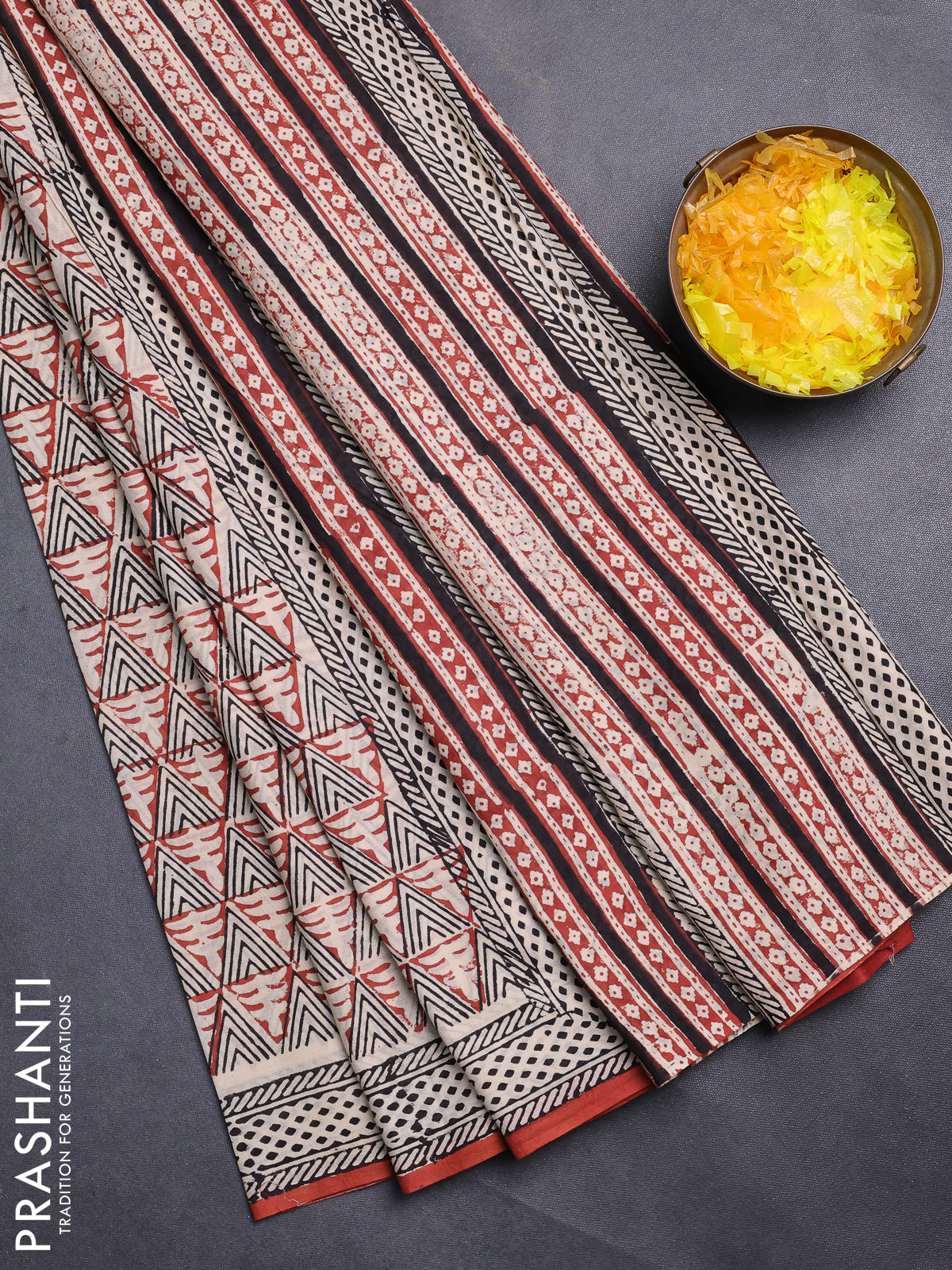 Jaipur cotton saree beige and rust shade with allover prints and printed border