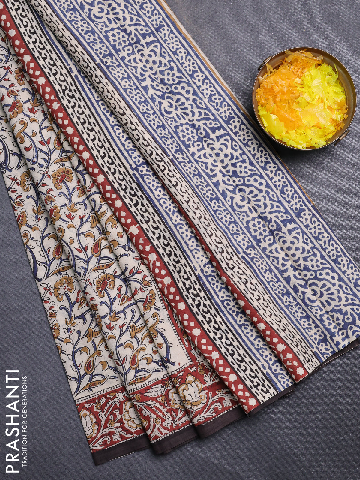 Jaipur cotton saree beige and maroon black with allover kalamkari prints and printed border