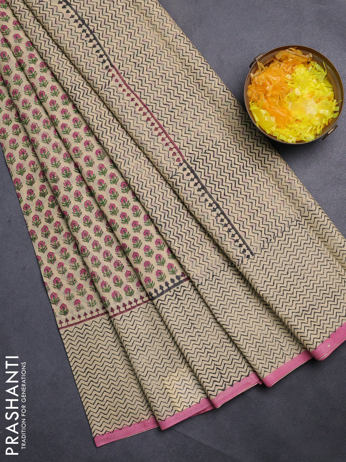 Jaipur cotton saree beige and pink with allover butta prints and printed border